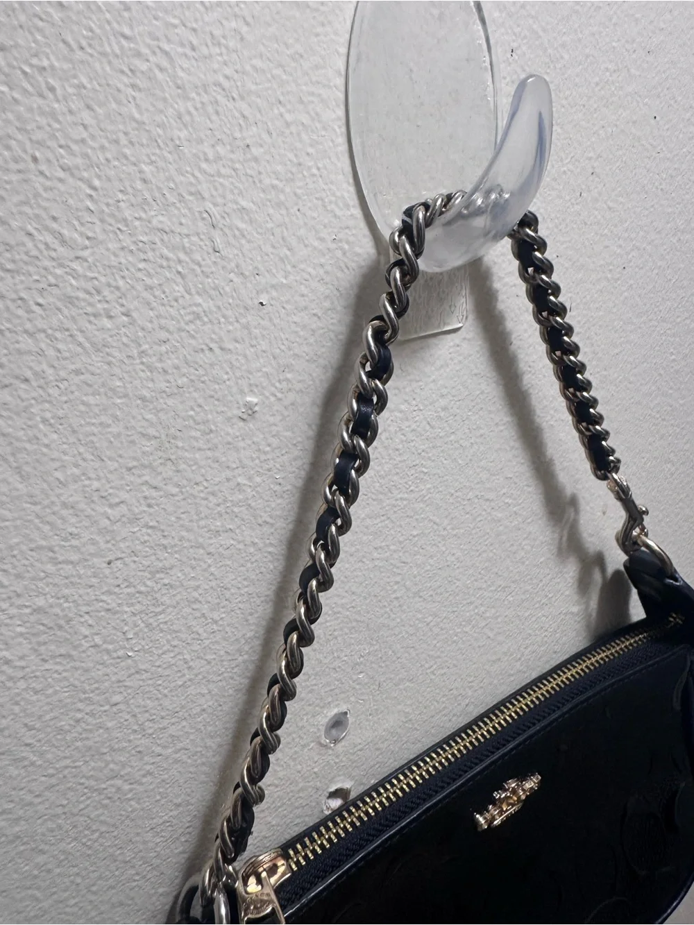 Coach nolita 19 patent Black Embossed Signature Mini Wristlet with Chain Strap